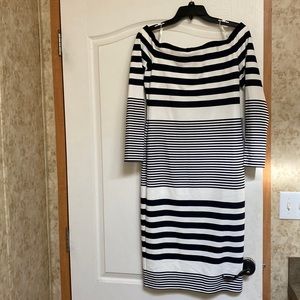 Eliza J off the shoulder mini dress. Navy and white stripe.
